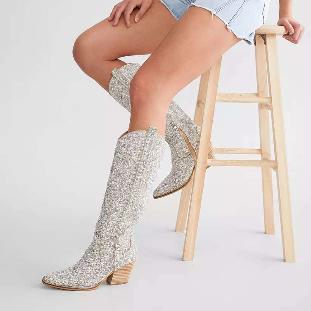 Buckle Silver Glitter Heeled Boots Size 6